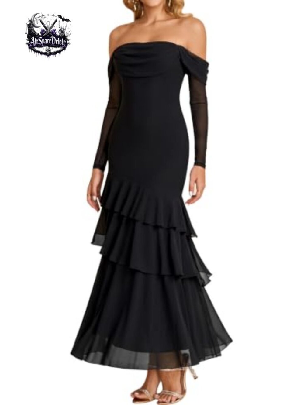 Off Shoulder Long Sleeve Formal Wedding Guest Maxi Dress Ruffle